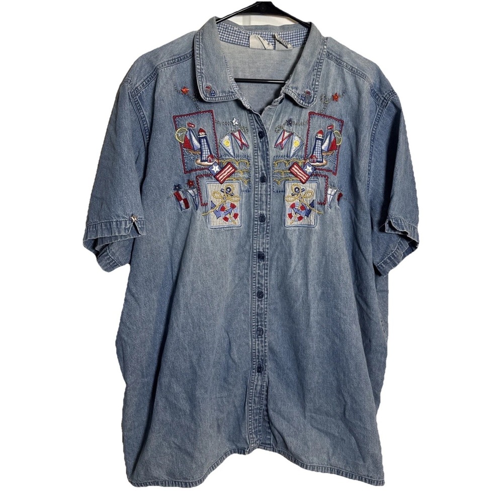 VTG Bobbie Brooks Nautical Embroidered Denim Shirt Jacket 26W 28W‎ Lighthouses